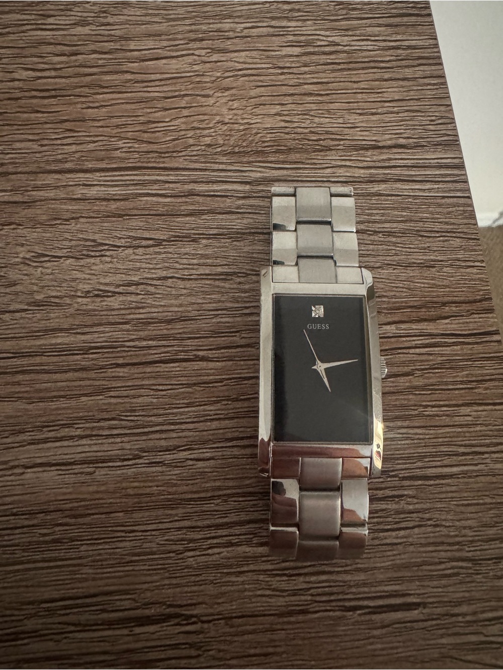 Guess Silver-Tone Watch with Black Rectangular Dial